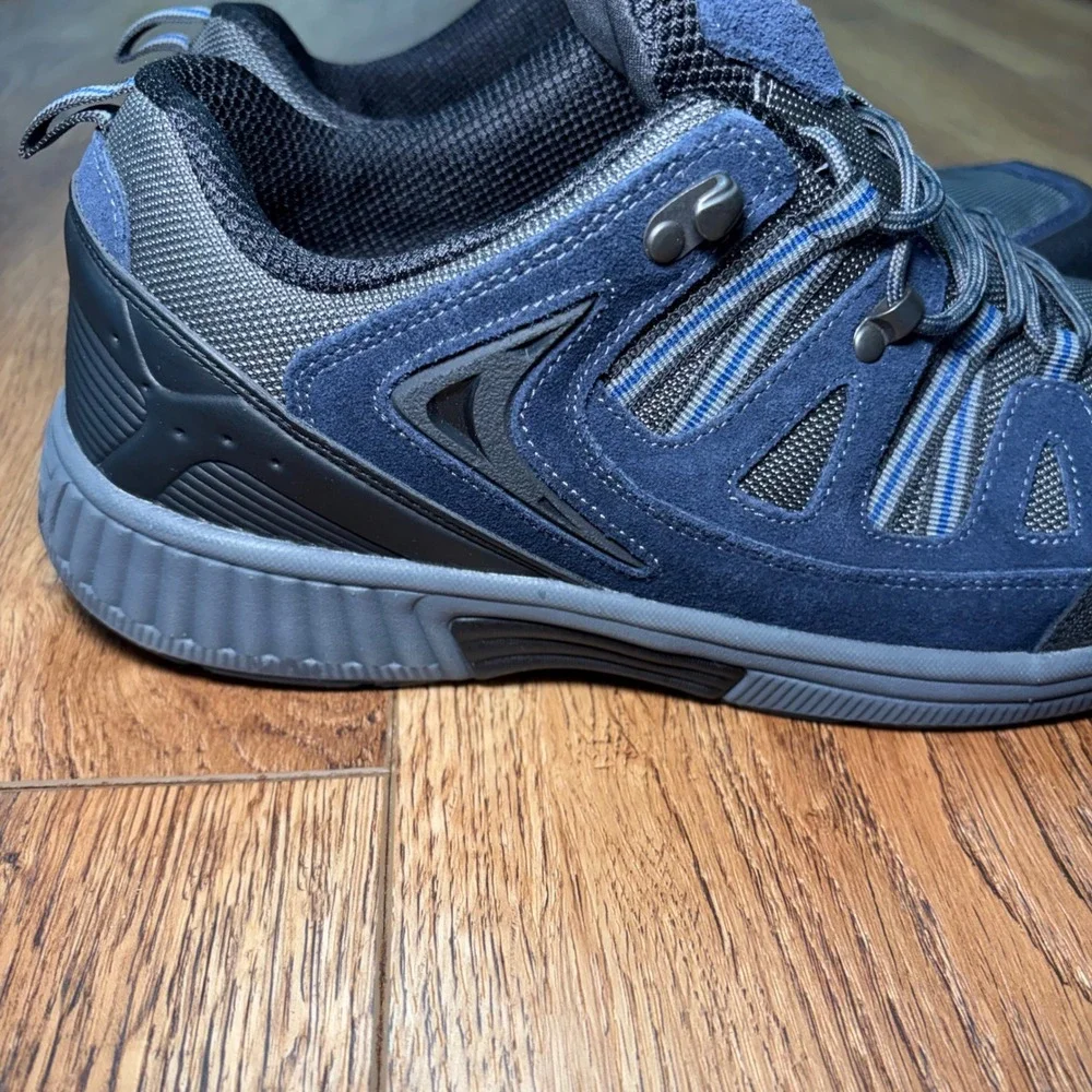 OrthoFeet Mens 12 Wide 2E Walking Shoes Blue Grey Leather Mesh 643 Sneakers EUC